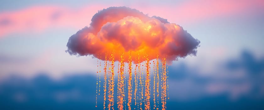 A striking cloud forms in the twilight sky, radiating vibrant hues of orange and gold while releasing shimmering droplets like rain, creating a beautiful visual effect.