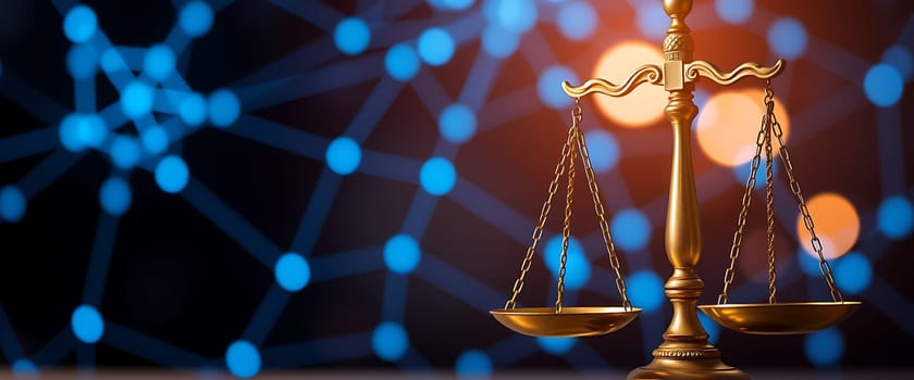 The golden balance scale stands prominently, symbolizing justice, with an abstract blue and orange background that suggests a modern and dynamic environment.