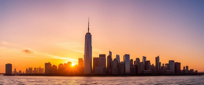 The sky lights up with vibrant hues as the sun rises behind New York City's skyline, highlighting One World Trade Center and surrounding skyscrapers along the waterfront.