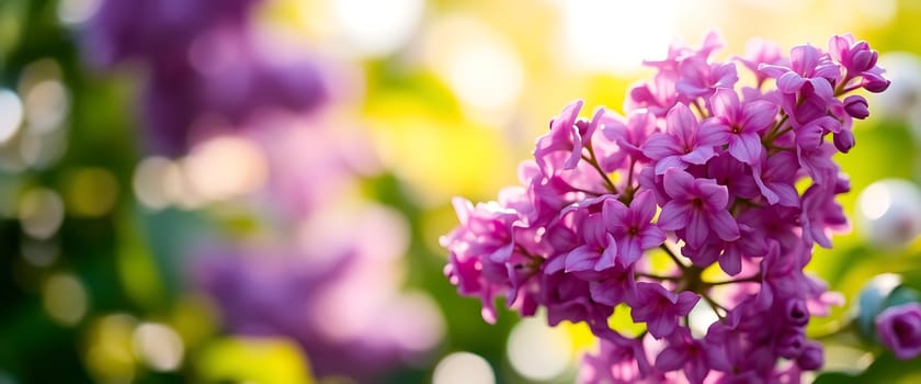 A cluster of lilac flowers blooms beautifully in a garden during the evening golden hour, showcasing soft purple hues against a blurred green background, creating a serene atmosphere.