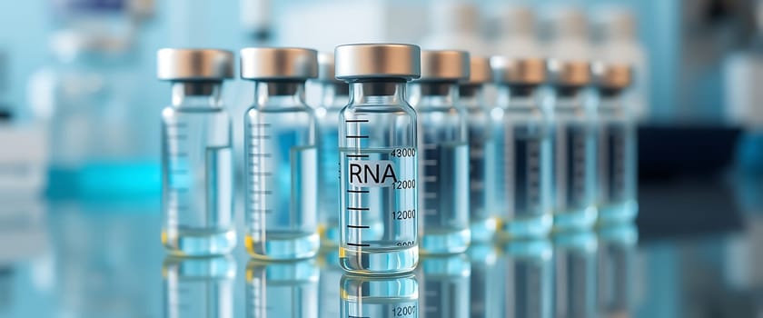 Several vials containing RNA solutions are neatly arranged on a reflective surface in a laboratory, highlighting the ongoing research in biotechnology and vaccine development.