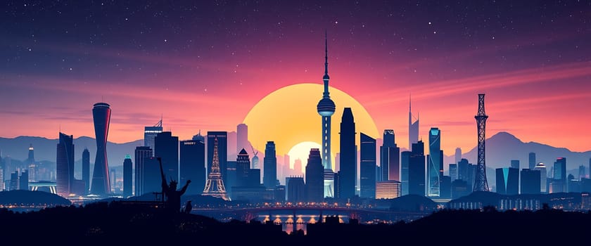 During dusk, a spectacular sunset illuminates the skyline, highlighting towering buildings against a colorful sky, creating a peaceful ambiance for the city.