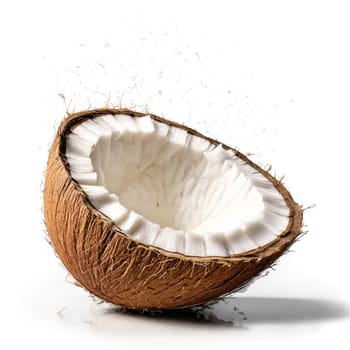 Coconut with cracked shell and white flesh exposed in dynamic splash Food and culinary concept -1. Food isolated on transparent background.