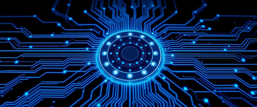 In a dark background, a vibrant blue circuit board features glowing lines and nodes, illustrating advanced technology and digital connectivity focused on data flow.