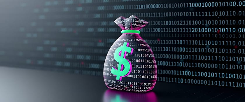 A vibrant money bag stands out with a dollar symbol, surrounded by cascading binary code in a digital environment, showcasing the intersection of finance and technology.