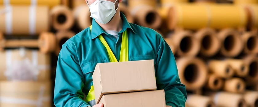 A warehouse worker wearing a mask and safety vest carefully carries multiple cardboard boxes among stacks of packaging materials in a busy logistics environment.