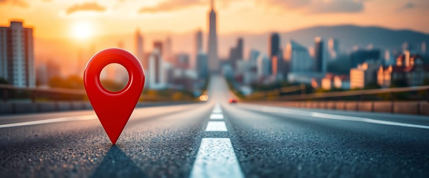 A vibrant sunset illuminates a broad road leading toward a city skyline, with a large red location pin prominently placed in the foreground.