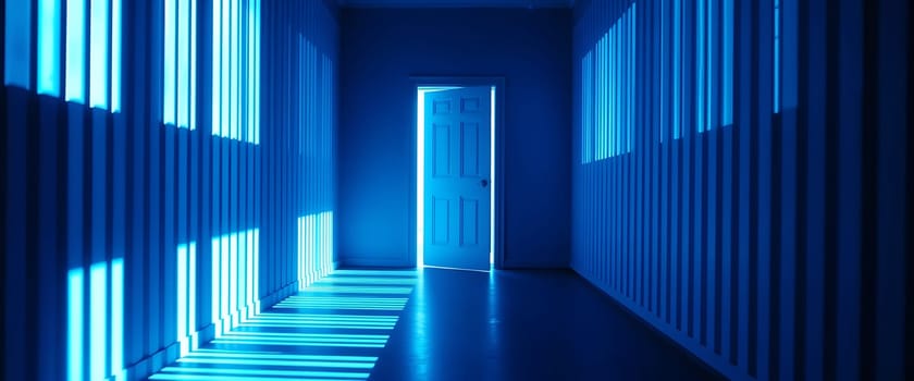 A serene hallway features blue shadows created by light streaming through vertical slats, highlighting an open door at the far end, suggesting an atmosphere of intrigue.