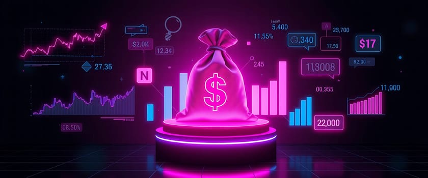 In a dark, high-tech environment, a glowing money bag symbolizes financial growth, surrounded by vibrant data visualizations and analytics in neon colors, showcasing various statistics and trends.