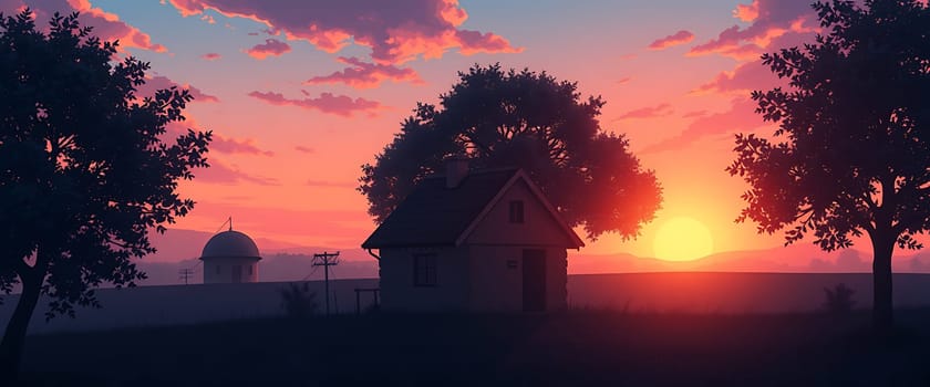 Golden rays of the setting sun illuminate a peaceful rural landscape, showcasing a quaint house and lush trees under a colorful sky.