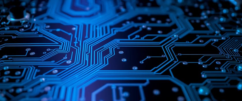 A detailed view highlights the complex circuitry of a blue circuit board, emphasizing the connections and pathways essential for electronic devices.