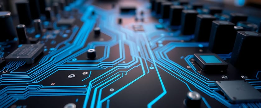 A detailed close-up of a circuit board, highlighting vibrant blue circuit pathways and black electronic components, typical of advanced technological equipment.