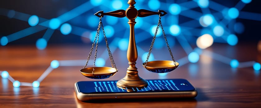 A balanced scale symbolizes justice, placed on a smartphone that represents the integration of technology in legal practices, hinting at modern adjudication trends.