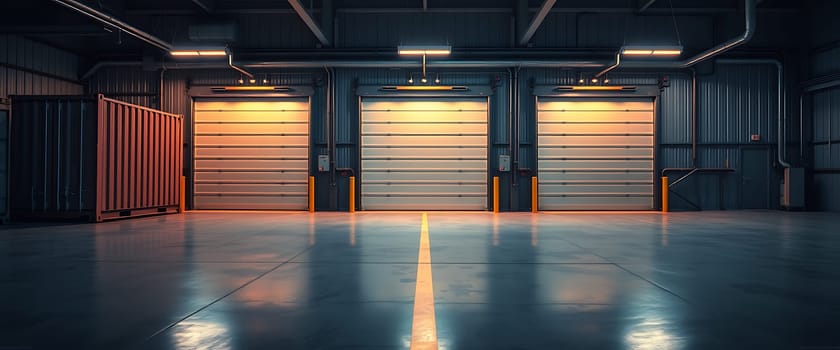 Inside an industrial garage, three large doors stand closed, illuminated by warm light from overhead fixtures, creating a serene atmosphere in the evening.