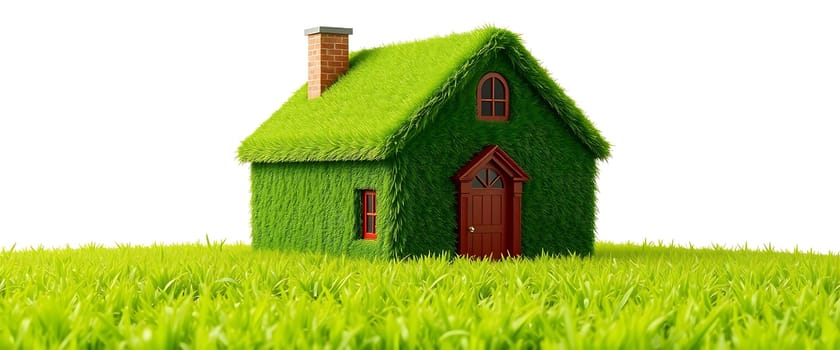 A unique house features vibrant green grass covering its exterior, complete with a red front door and chimney, standing out against a plain white backdrop.
