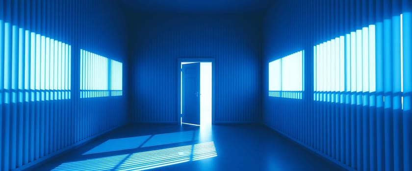 The room features a bright door wide open, allowing sunlight to flood in and create vivid blue shadows on the walls and floor, suggesting a sense of space and openness.
