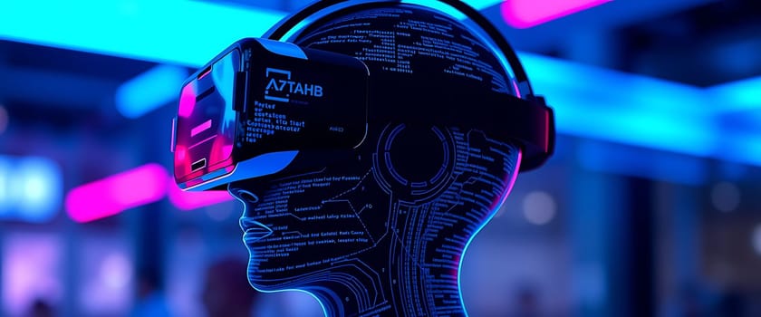 A person experiences virtual reality while wearing a headset in a vibrant, modern setting illuminated by colorful neon lights and digital patterns.