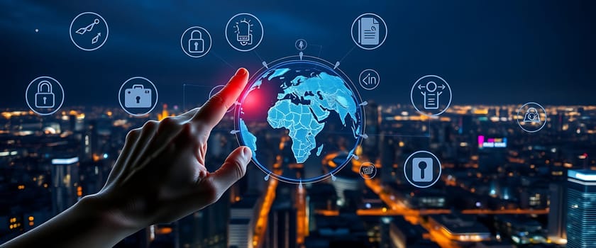 A hand reaches out to touch a glowing digital globe featuring various security icons, illuminated by city lights at night, showcasing technology's role in global security.