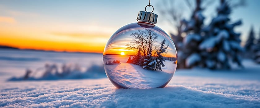 The serene winter landscape features a stunning sunset reflected in a glass ornament placed on the untouched snow, surrounded by snow-covered trees.