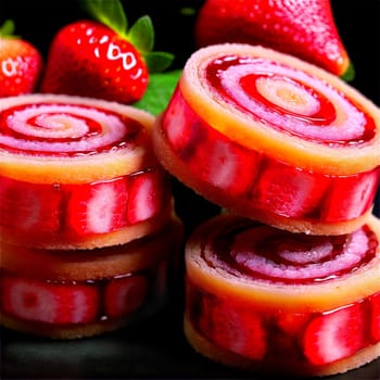 Strawberry jelly rolls golden spiral slices jam oozing Food and Culinary concept. Food isolated on transparent background.