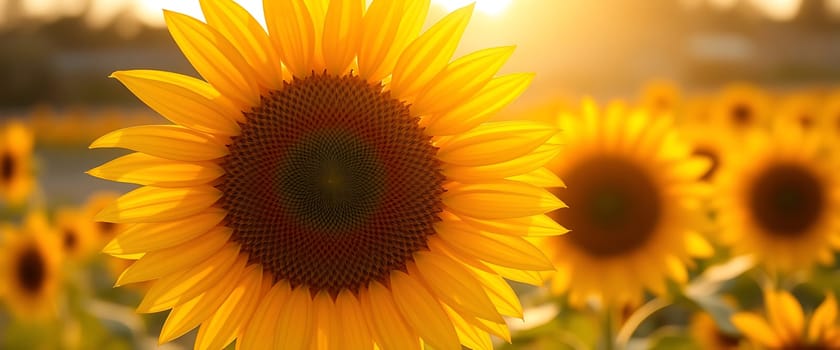 Sunflowers tower over a lush field as the sun sets, casting a warm golden glow across the scene, creating a serene and picturesque atmosphere.