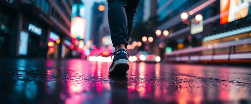 A person walks along a rain-slicked city street illuminated by vibrant neon lights. The reflections on the ground create a colorful atmosphere during the evening.