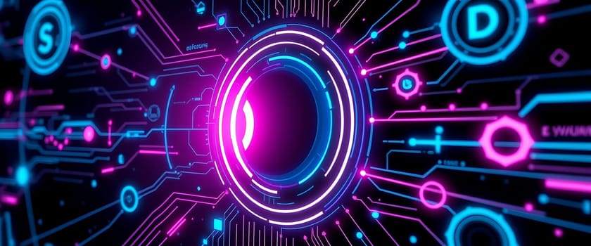 This artwork showcases a mesmerizing array of glowing circuit patterns and geometric shapes that blend vibrant pink and blue colors, creating a futuristic atmosphere.