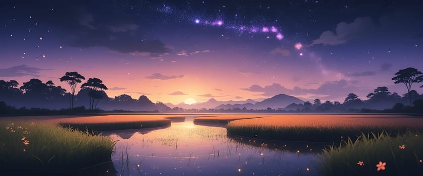 As the sun sets, a calm river reflects vibrant colors across the horizon, while mountains and trees frame the peaceful scene under a starry sky.