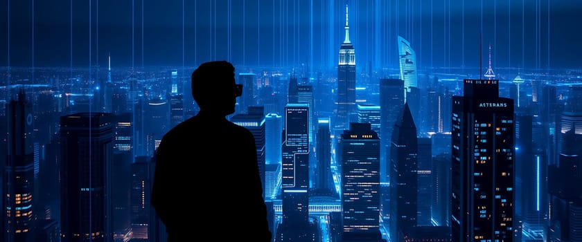 Against a backdrop of a striking blue-lit metropolis, a lone figure stands in profile, gazing at the stunning urban landscape filled with towering buildings.