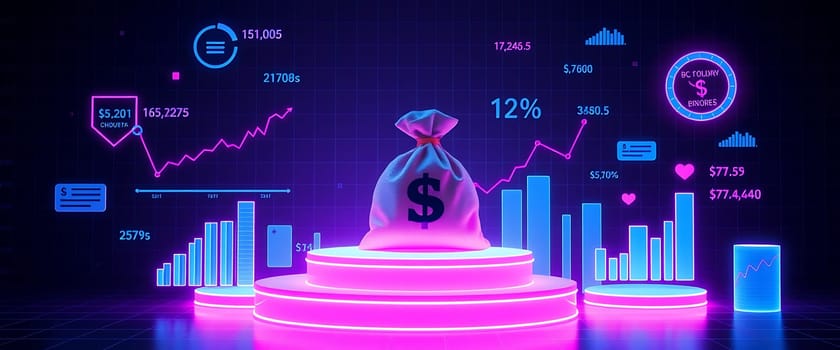 A vibrant display features a money bag symbolizing wealth on a pedestal, surrounded by various financial graphs and data metrics illustrating investment growth and statistics.