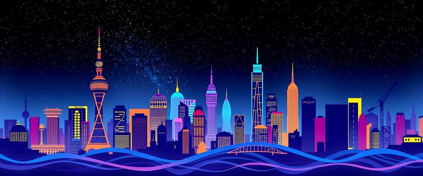 A striking skyline showcases a blend of modern architecture illuminated in vibrant colors