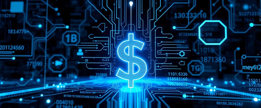 A glowing dollar sign emerges from a complex network of digital circuits and data patterns, representing the intersection of finance and technology in modern society.