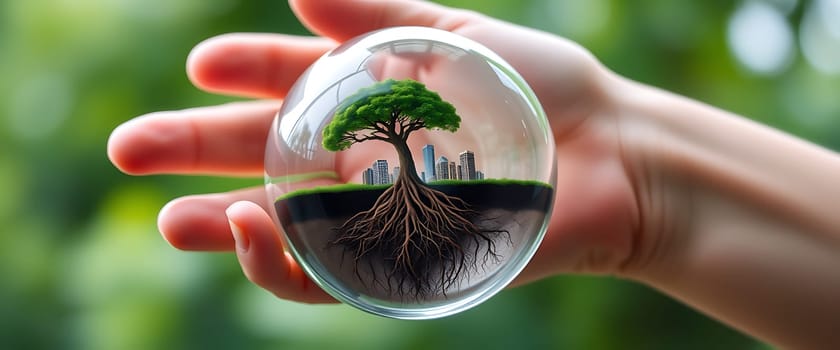 In a calm setting, a person balances a glass sphere that features a vibrant tree with visible roots and city structures, illustrating the connection between nature and urban environments.