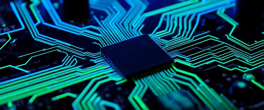 The vibrant microchip at the center is surrounded by detailed circuit pathways glowing in blue and green, showcasing advanced electronics and technology.