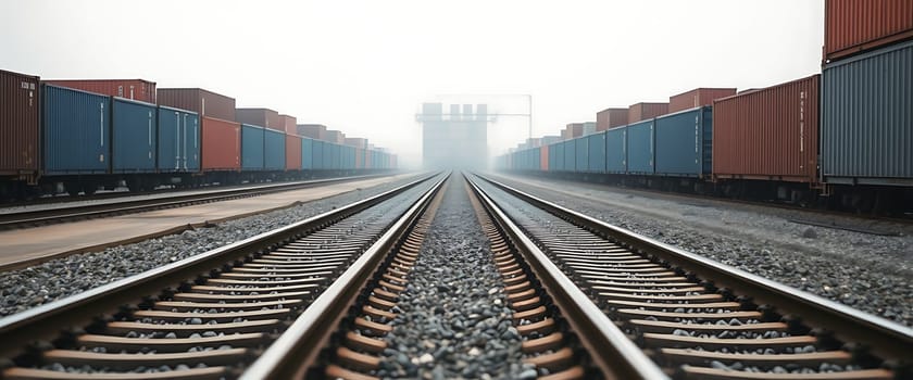 Fog envelops a freight yard as railway tracks stretch into the distance, flanked by rows of colorful shipping containers, creating a serene yet industrial atmosphere.
