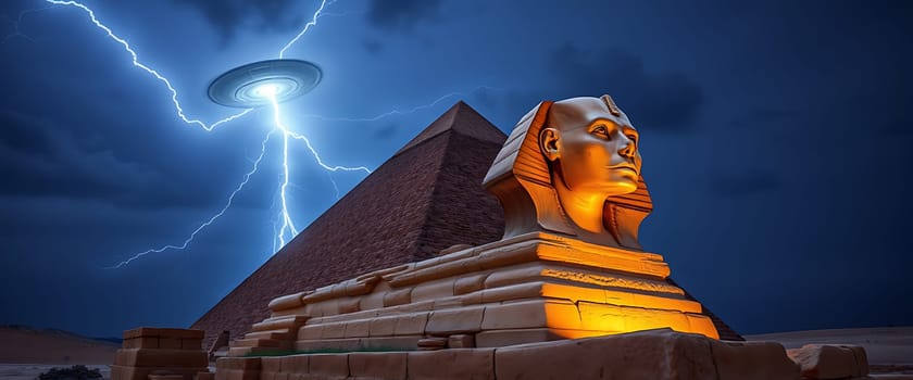 A powerful storm erupts over the iconic Sphinx and pyramids, with lightning striking while a UFO hovers eerily above the ancient structures in Giza.