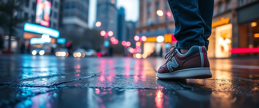 A person stands with one foot on a rain-soaked city street, wearing colorful sneakers, as evening lights reflect off the pavement and cars pass by.