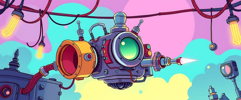 A colorful, cartoon-style robot floats in a whimsical environment, featuring a prominent lens, various cables, and glowing lights, creating a playful atmosphere.