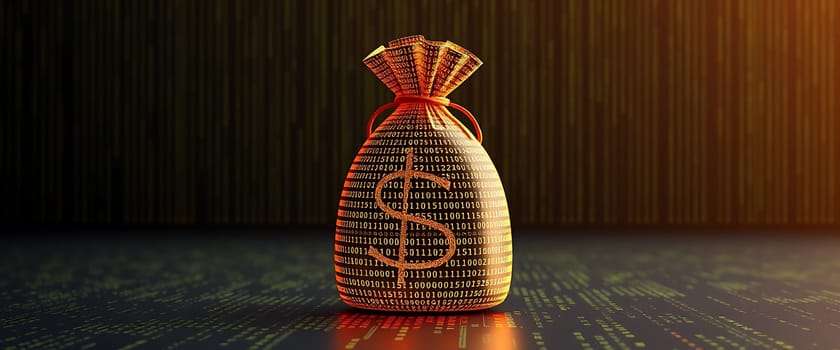A money bag constructed from binary code stands prominently against a dark background, illustrating the intersection of finance and technology in the digital age.