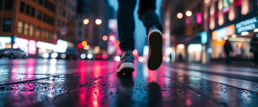 The bustling city streets glisten with rain as a person walks along, casting reflections in the water. Neon lights from nearby shops create a lively atmosphere in the evening.