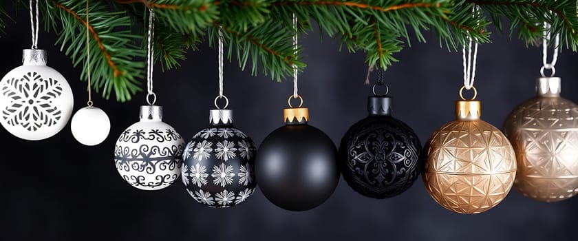 A variety of Christmas ornaments in black, white, and gold are elegantly suspended from a pine branch, creating a festive atmosphere for the holiday season.
