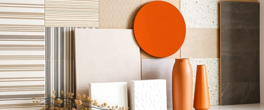 A vibrant arrangement showcases various textured tiles with an orange circular accent and decorative vases, creating a contemporary interior aesthetic.
