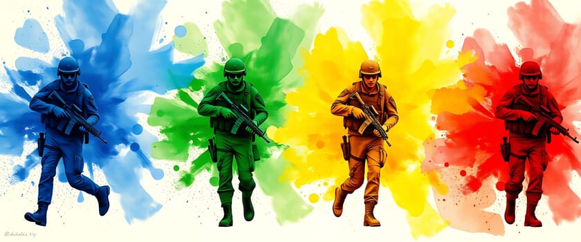 Four soldiers, each painted in a distinct color, are depicted running with weapons. The background features colorful splashes that enhance the scene's dynamic energy.