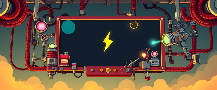 The colorful control panel is adorned with glowing buttons and intricate gauges, showcasing a playful steampunk design against a bright, whimsical backdrop, evoking creativity and adventure.