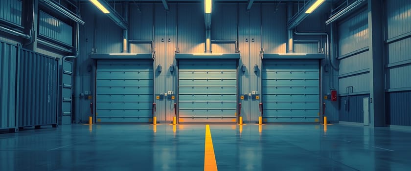 The expansive interior of a garage features three large closed doors, illuminated by bright artificial lighting, creating a modern industrial feel in the late afternoon.