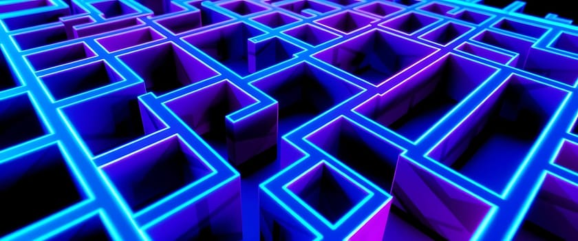 This vivid maze features intricate pathways highlighted with glowing blue and purple lines, set against a dark backdrop, providing a striking visual effect.