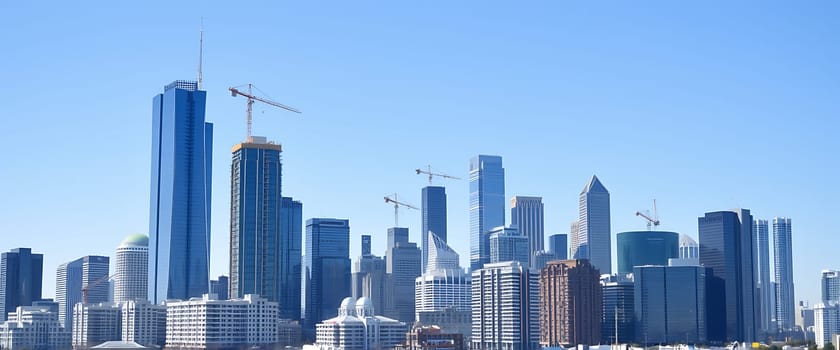 The Houston skyline reveals modern architecture with numerous construction cranes indicating ongoing development against a bright blue sky.