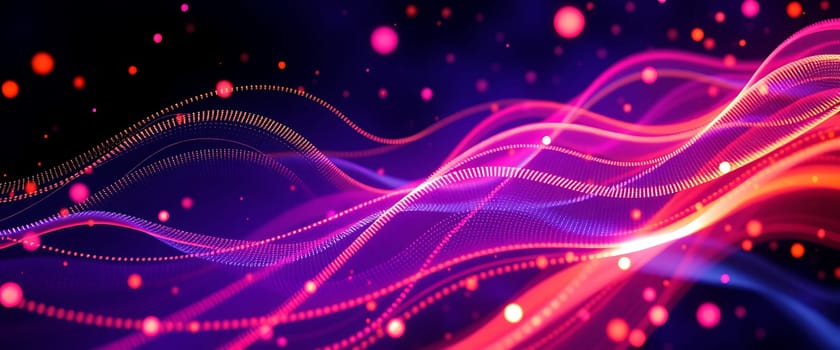 Dynamic waves of color ripple across a dark backdrop, with pinks, purples, and oranges creating a lively and energetic atmosphere, enhancing a sense of movement and depth.