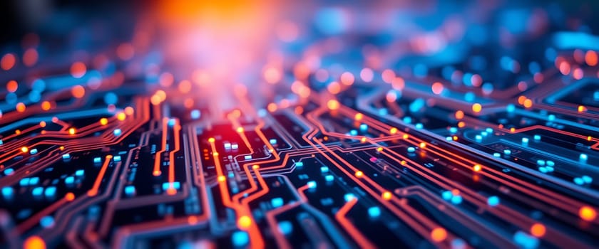 A detailed view of a circuit board reveals glowing pathways and connections, highlighting the intricate design and vibrant colors in a modern electronic setting.
