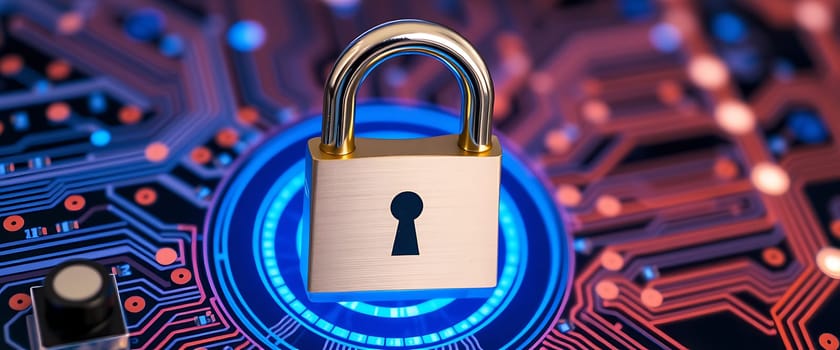 A golden padlock sits prominently on a colorful circuit board, representing the importance of cybersecurity and data protection in our digital age. The background features intricate patterns.